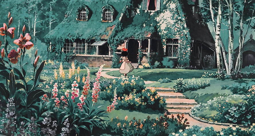 Kiki's Delivery Service Cottage Garden Scene with Mossy Roof and Flowering Path HD wallpaper