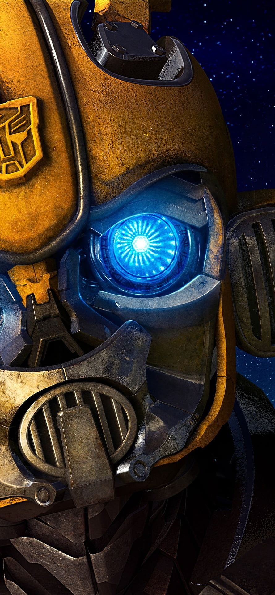 Bumblebee Close-Up Portrait with Glowing Blue Eye and Autobot Emblem HD phone wallpaper