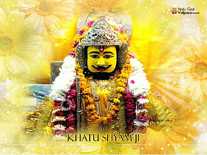 Khatu Shyam Ji Devotee Portrait With Floral Garland And Golden Crown HD wallpaper