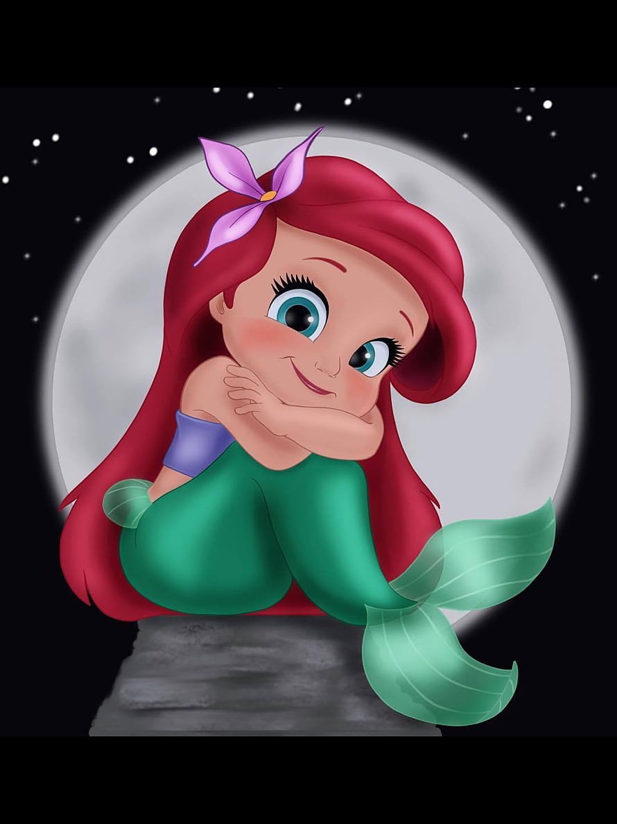 Cute Chibi Ariel Sitting on a Rock Under a Full Moon with Starry Night Sky HD phone wallpaper
