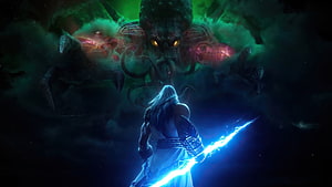 Zeus Confronting a Colossal Cthulhu Monster in Dark Fantasy Digital Art HD wallpaper
