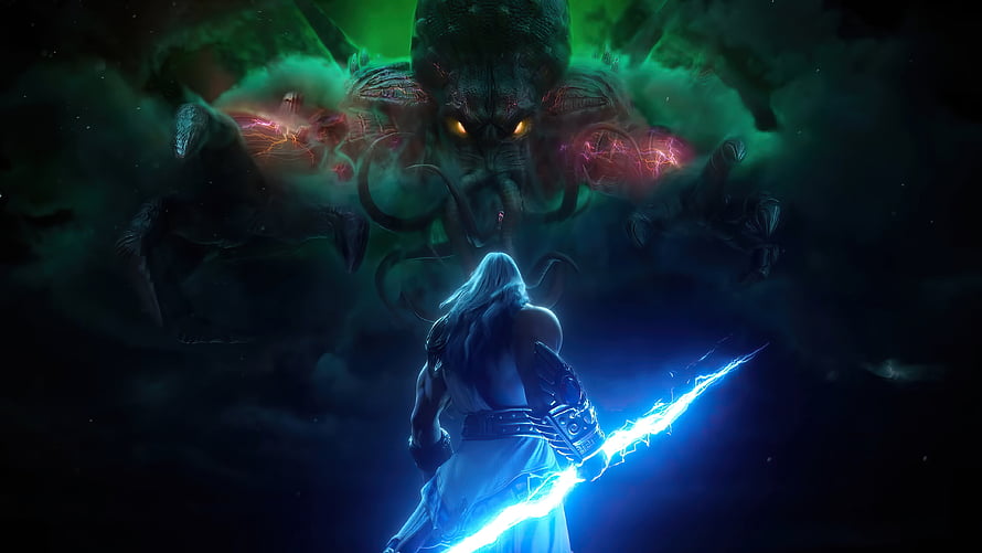 Zeus Confronting a Colossal Cthulhu Monster in Dark Fantasy Digital Art HD wallpaper
