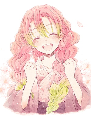 Mitsuri Kanroji from Demon Slayer in a Watercolor Style with Pink Braids and Cherry Blossoms HD phone wallpaper
