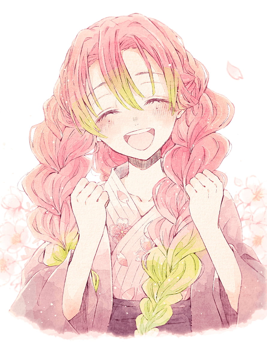 Mitsuri Kanroji from Demon Slayer in a Watercolor Style with Pink Braids and Cherry Blossoms HD phone wallpaper