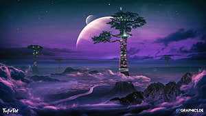 TheFatRat Sci-Fi Fantasy Landscape with Towering Tree Structures and Purple Nebula Sky HD wallpaper