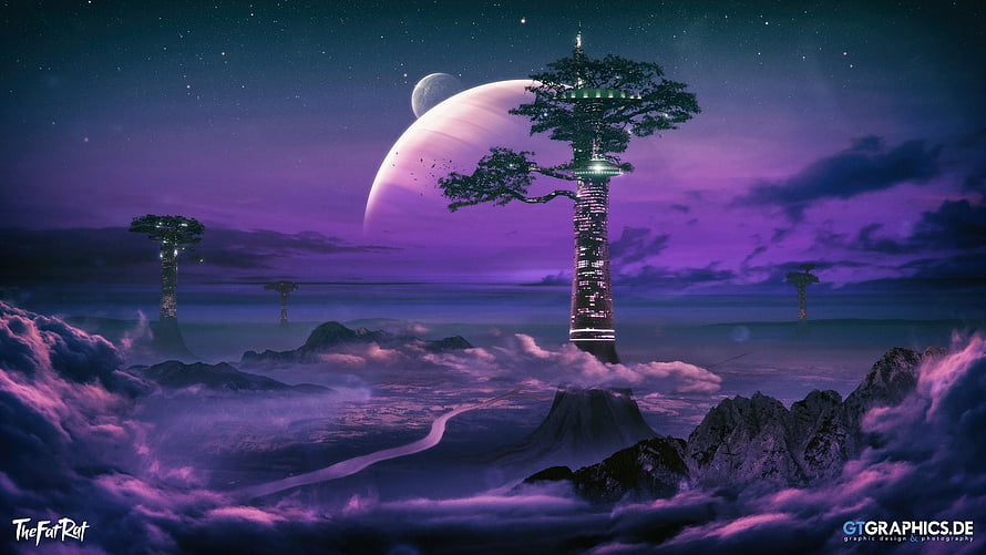 TheFatRat Sci-Fi Fantasy Landscape with Towering Tree Structures and Purple Nebula Sky HD wallpaper