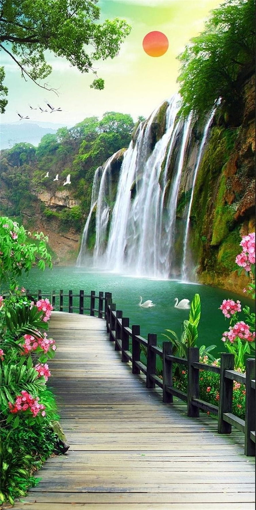 Serene Waterfall Landscape with Wooden Boardwalk, Swans, and Vibrant Flowers HD phone wallpaper