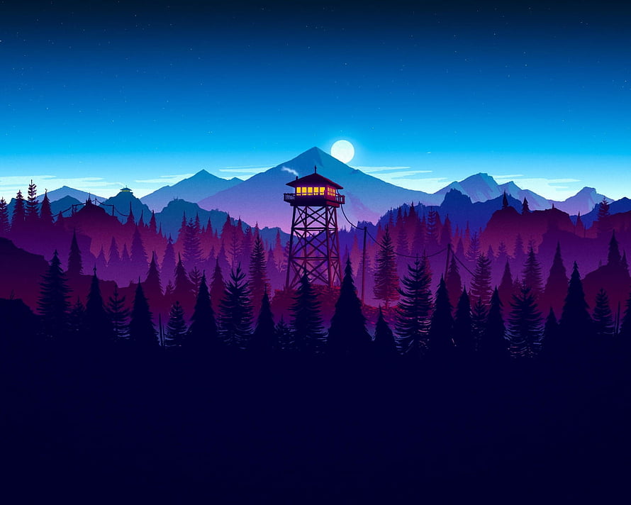 Firewatch Video Game Artwork Featuring Watchtower in Pine Forest at Dusk HD wallpaper