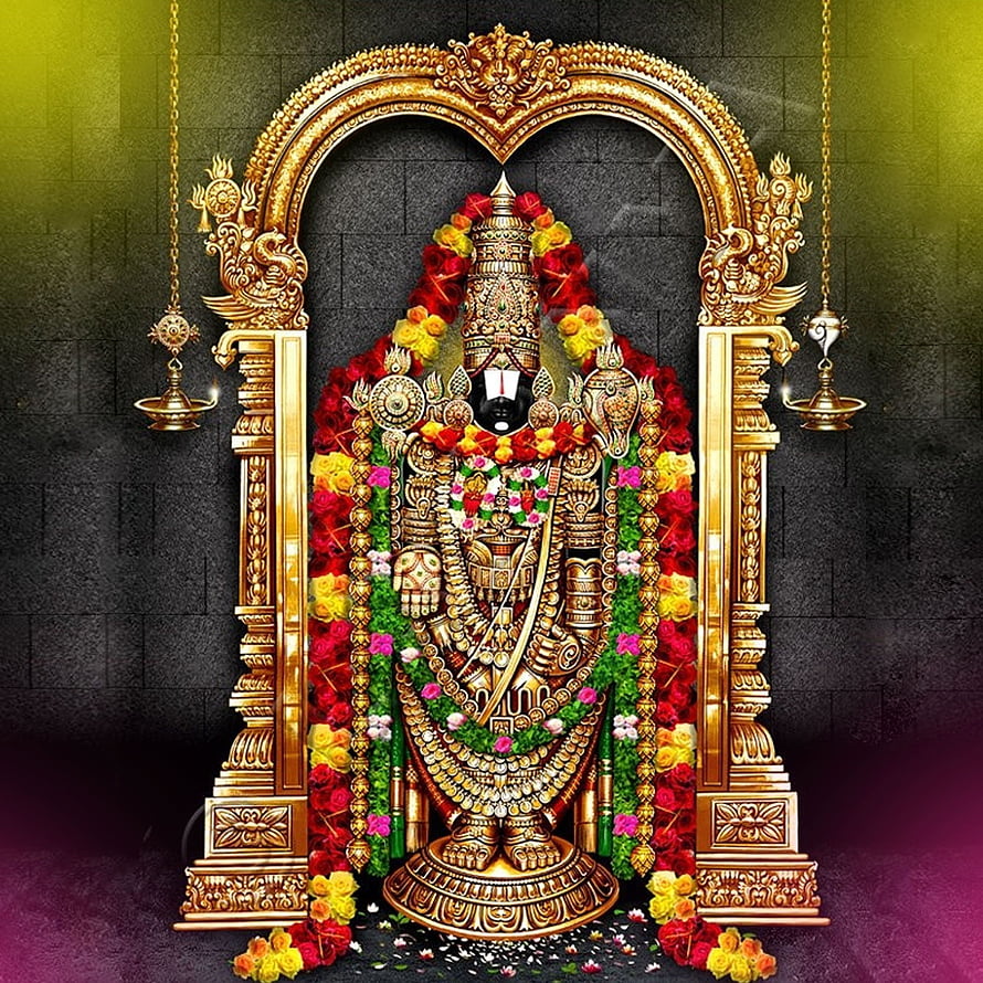 Lord Venkateswara adorned with vibrant floral garlands in a golden temple arch HD phone wallpaper