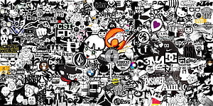 Dense Black and White Sticker Bomb Illustration Featuring Pop Culture Logos and Characters HD wallpaper
