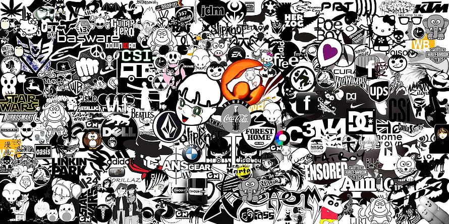 Dense Black and White Sticker Bomb Illustration Featuring Pop Culture Logos and Characters HD wallpaper