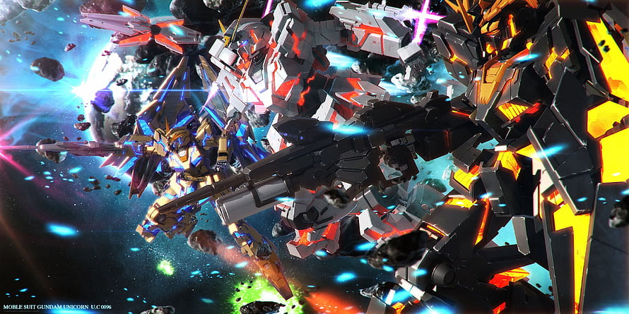 Gundam Unicorn and Banshee Mecha Battle in Space with Explosive Energy Effects HD wallpaper