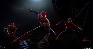 Spider-Man No Way Home Three Heroes Crouched on Industrial Structure at Night HD wallpaper