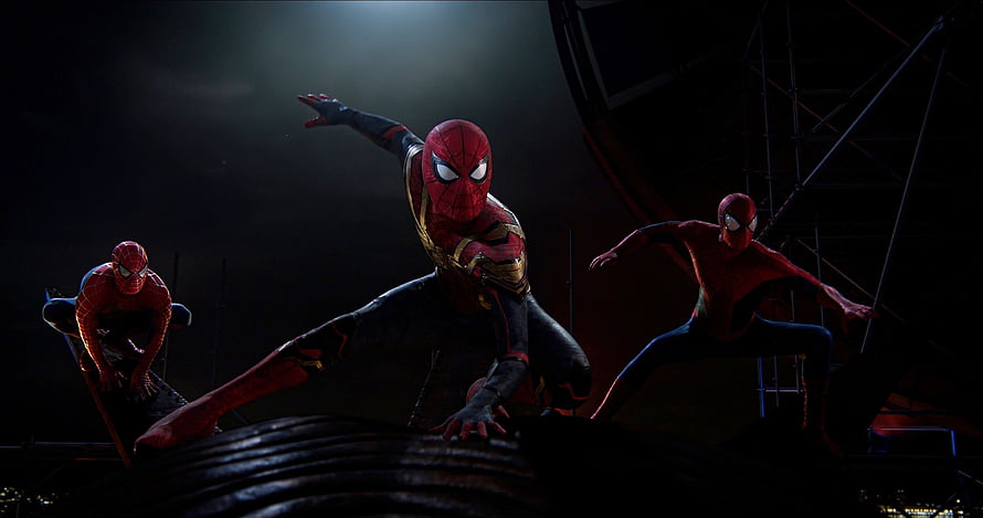 Spider-Man No Way Home Three Heroes Crouched on Industrial Structure at Night HD wallpaper