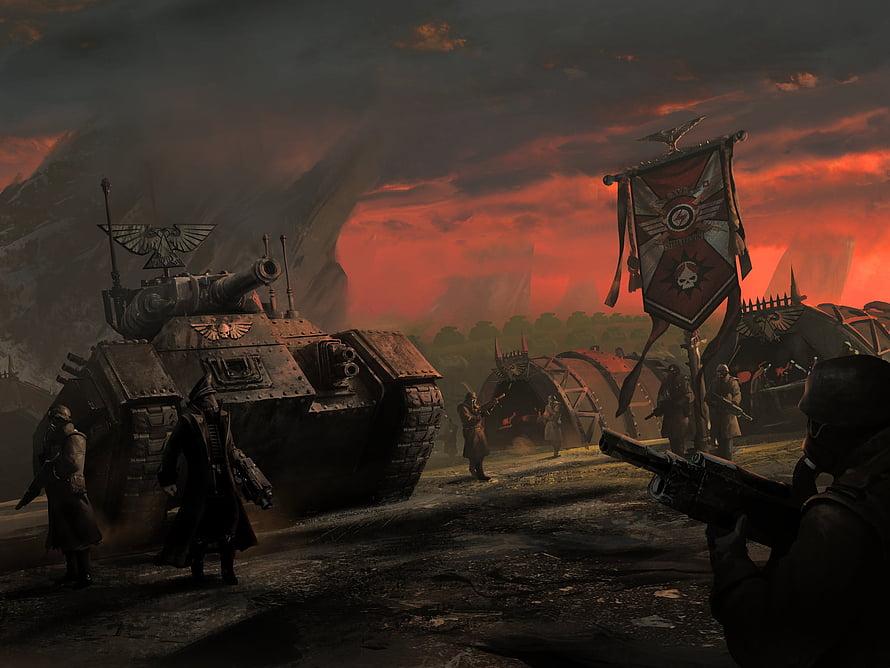 Warhammer 40k Imperial Guard Chimera Tank and Commissar on a Dark Battlefield HD wallpaper