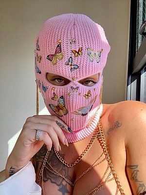 Pink Butterfly Embroidered Balaclava with Gold Chains and Tattoos HD phone wallpaper