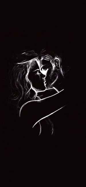 Minimalist White Line Art of Two Faces in an Intimate Embrace on a Black Background HD phone wallpaper