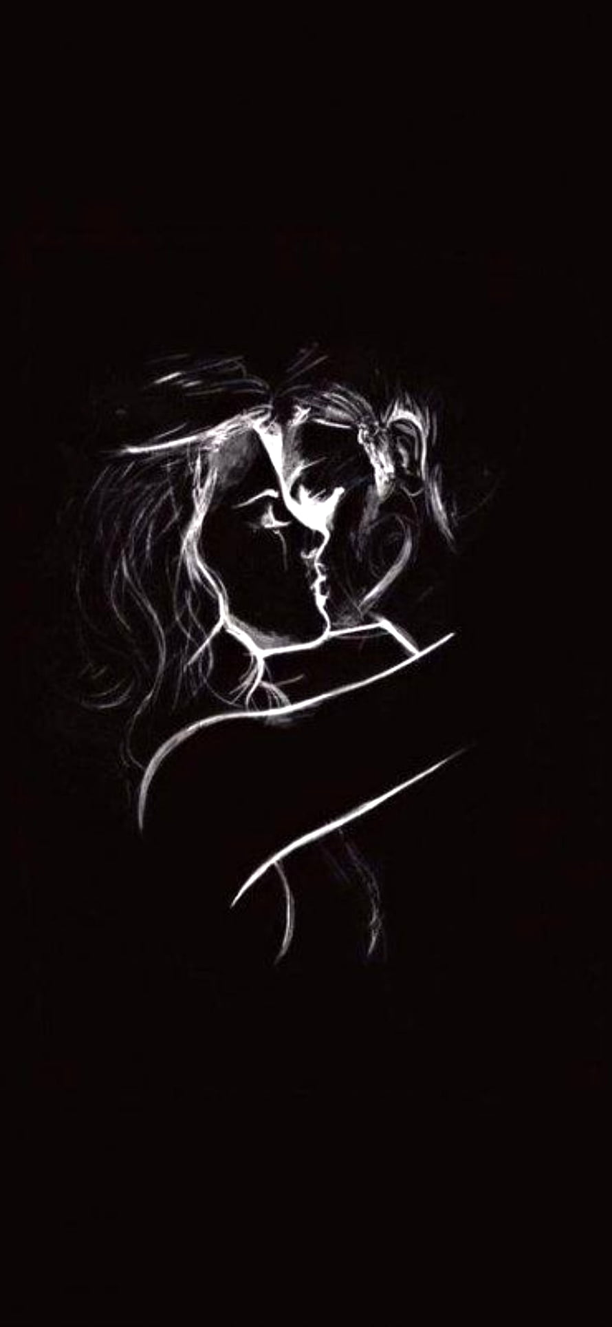 Minimalist White Line Art of Two Faces in an Intimate Embrace on a Black Background HD phone wallpaper