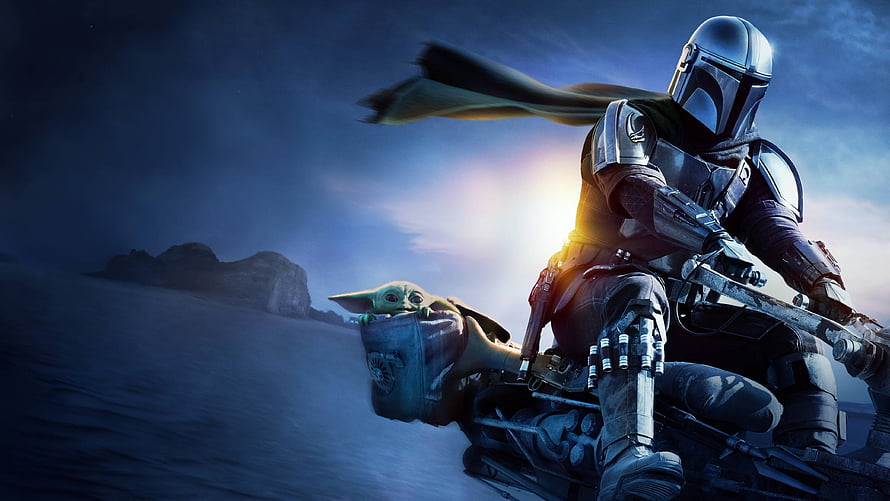 The Mandalorian and Grogu Riding a Speeder Bike Through a Desert at Sunset HD wallpaper