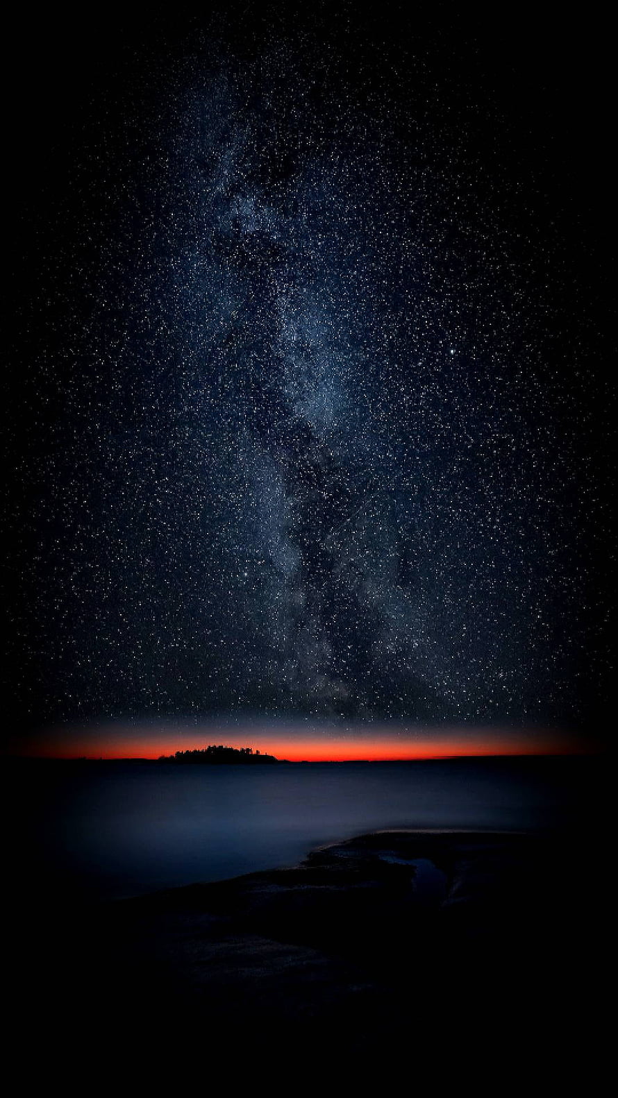 Milky Way Galaxy Rising Over Misty Lake at Night with Red Horizon Glow HD phone wallpaper