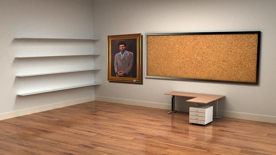 Minimalist Office Interior With Cork Board, Framed Portrait, and Floating Shelves HD wallpaper