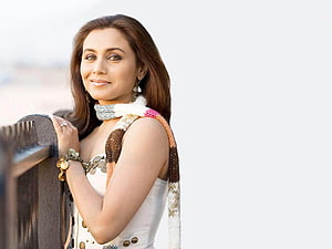 Rani Mukerji in White Corset and Knitted Shawl Leaning on Railing HD wallpaper