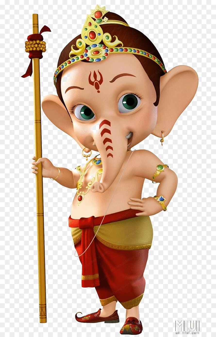 Cute 3D Ganesha Baby Cartoon with Staff and Traditional Indian Jewelry HD phone wallpaper
