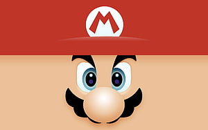 Mario Face Close-Up Minimalist Illustration with Red Hat and M Logo HD wallpaper