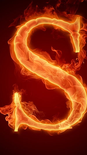 Glowing Letter S Rendered in Vivid Orange Flames and Swirling Smoke on a Dark Background HD phone wallpaper