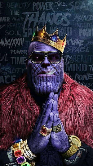 Thanos in a Gold Crown and Fur Coat with Infinity Stones and Rings HD phone wallpaper