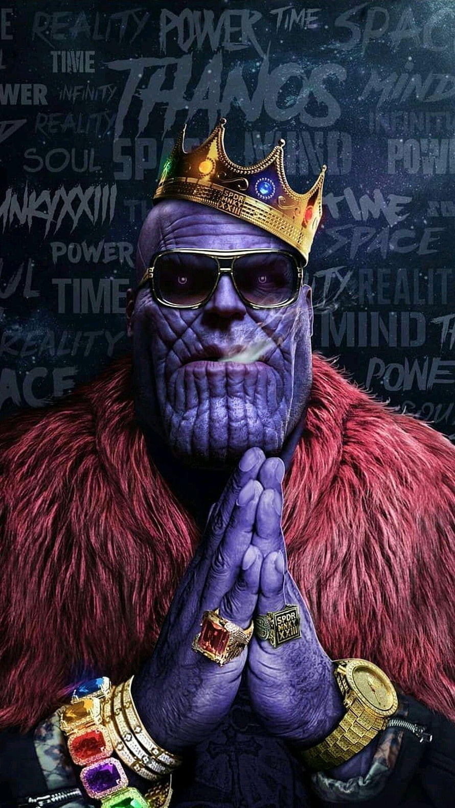 Thanos in a Gold Crown and Fur Coat with Infinity Stones and Rings HD phone wallpaper