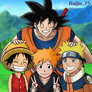 Goku, Naruto, Luffy, and Ichigo in a cheerful anime crossover group portrait HD phone wallpaper