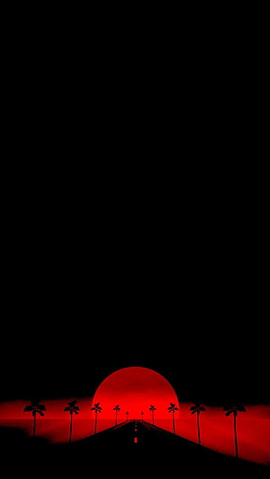 Red Sun Over Palm Tree Road in Dark Minimalist Landscape HD phone wallpaper