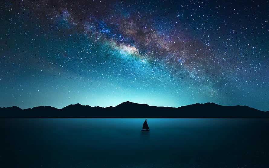 Milky Way Galaxy Arching Over a Serene Lake with a Silhouetted Sailboat and Distant Mountains HD wallpaper
