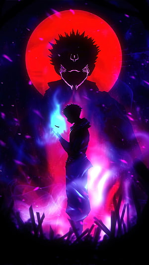 Jujutsu Kaisen Yuji Itadori Silhouette with Cursed Energy and Red Moon HD phone wallpaper