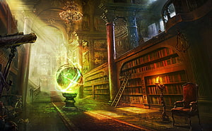 Mystical Glowing Orb in Grand Fantasy Library with Ancient Books and Ornate Architecture HD wallpaper