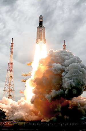ISRO Chandrayaan 1 Rocket Launch with Intense Flame and Smoke Plume HD phone wallpaper