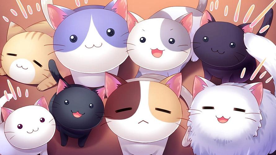 Cute Anime Cat Group Illustration with Kawaii Kittens and Soft Pastel Colors HD wallpaper