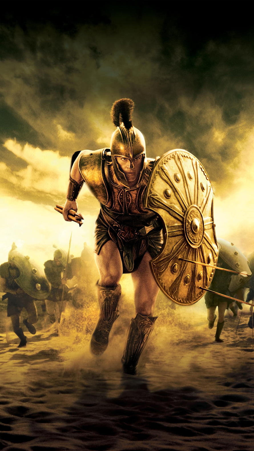Spartan Warrior Charging Into Battle in Golden Dust and Smoke HD phone wallpaper