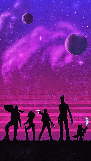 Guardians of the Galaxy Silhouettes Against Purple Nebula and Planets HD phone wallpaper