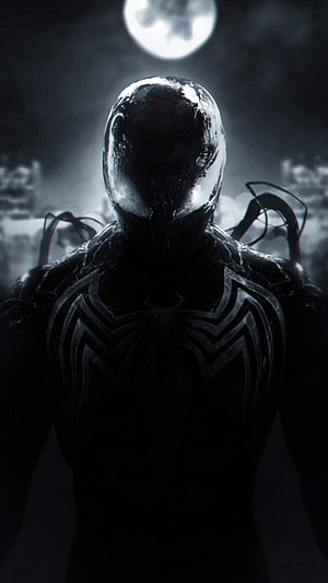 Venom Symbiote Spider-Man in Dark Moonlit Cityscape with Glowing White Spider Emblem HD phone wallpaper
