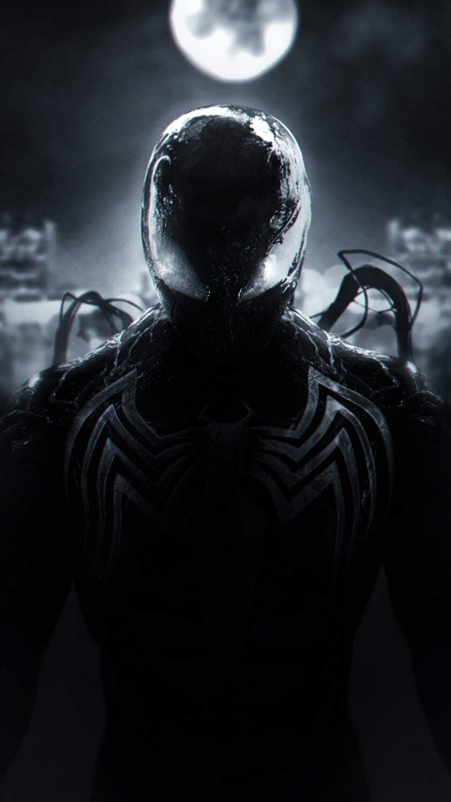 Venom Symbiote Spider-Man in Dark Moonlit Cityscape with Glowing White Spider Emblem HD phone wallpaper