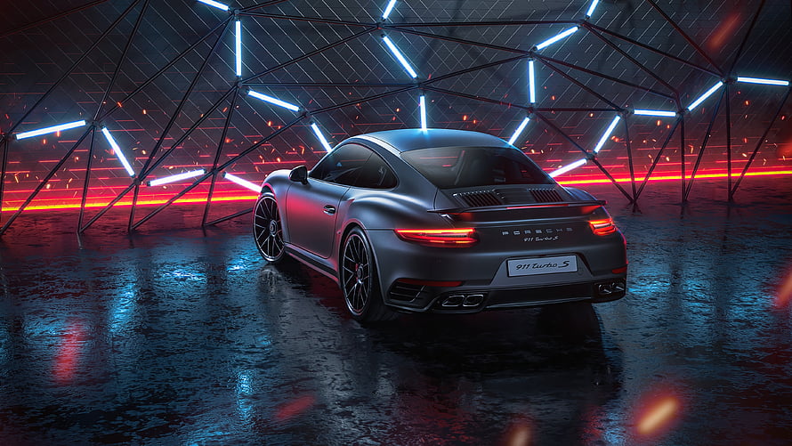Porsche 911 Turbo S in a Neon-Lit Geodesic Dome with Wet Floor Reflections HD wallpaper