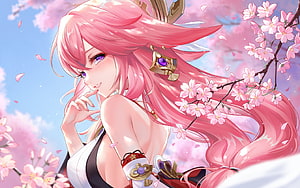 Yae Miko from Genshin Impact in a Cherry Blossom Garden HD wallpaper