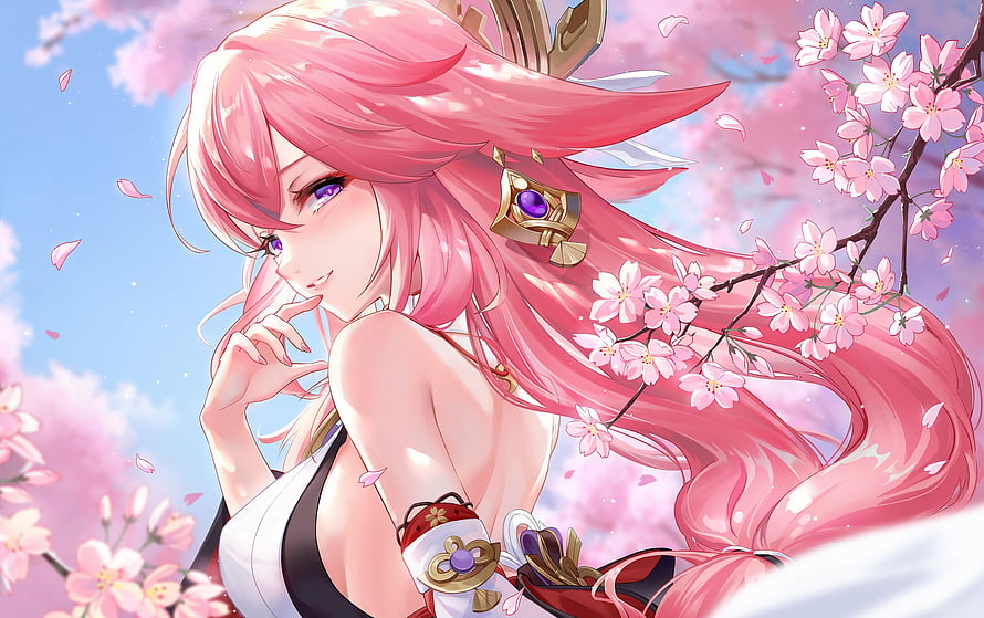 Yae Miko from Genshin Impact in a Cherry Blossom Garden HD wallpaper