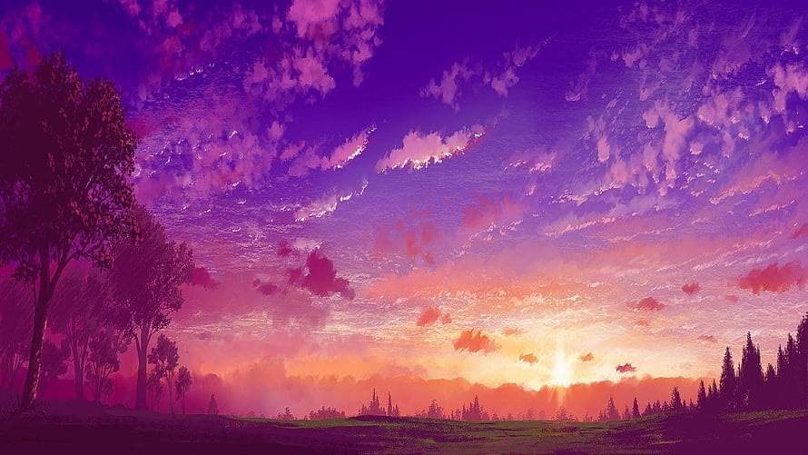 Vivid Purple and Orange Sunset Over Silhouetted Forest Landscape HD wallpaper