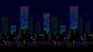 Streets of Rage Pixel Art Cityscape with Neon Skyscrapers and Retro 16-Bit Aesthetic HD wallpaper