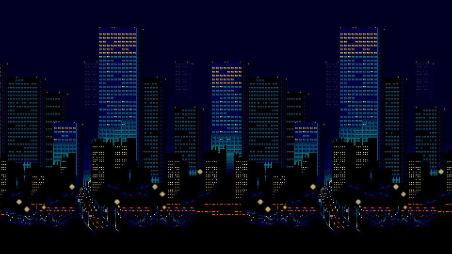 Streets of Rage Pixel Art Cityscape with Neon Skyscrapers and Retro 16-Bit Aesthetic HD wallpaper
