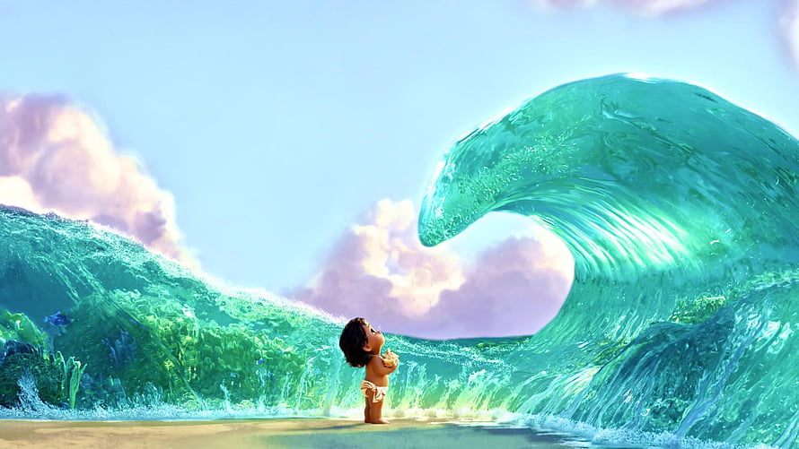 Moana Standing on the Beach Facing a Massive Turquoise Ocean Wave HD wallpaper