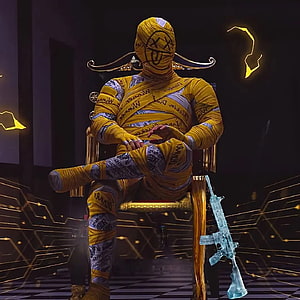 PUBG Mummy Skin Character Seated on Golden Throne with Holographic Rifle HD phone wallpaper